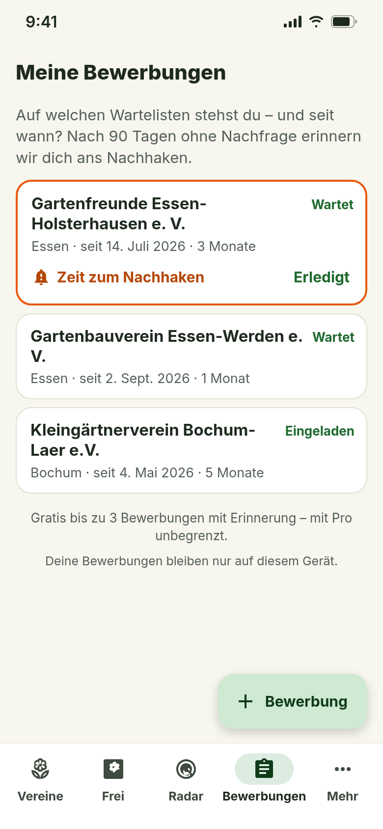 Meine Bewerbungen: drei Vereine mit Datum und Wartezeit, einer mit dem Hinweis „Zeit zum Nachhaken“