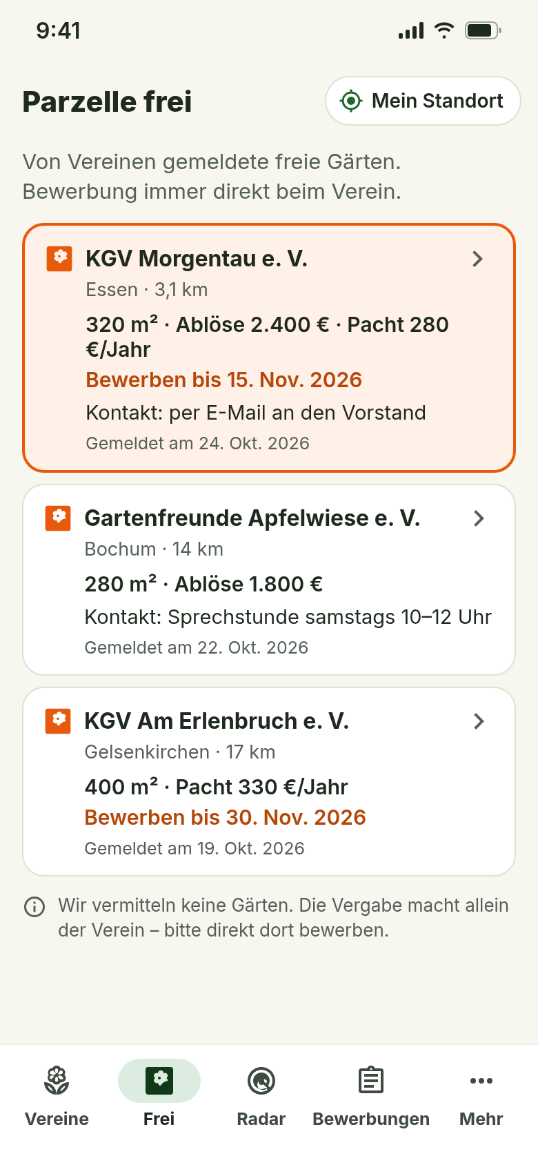 Liste freier Parzellen mit Größe, Ablöse, Pacht und Bewerbungsfrist (Beispieldaten)
