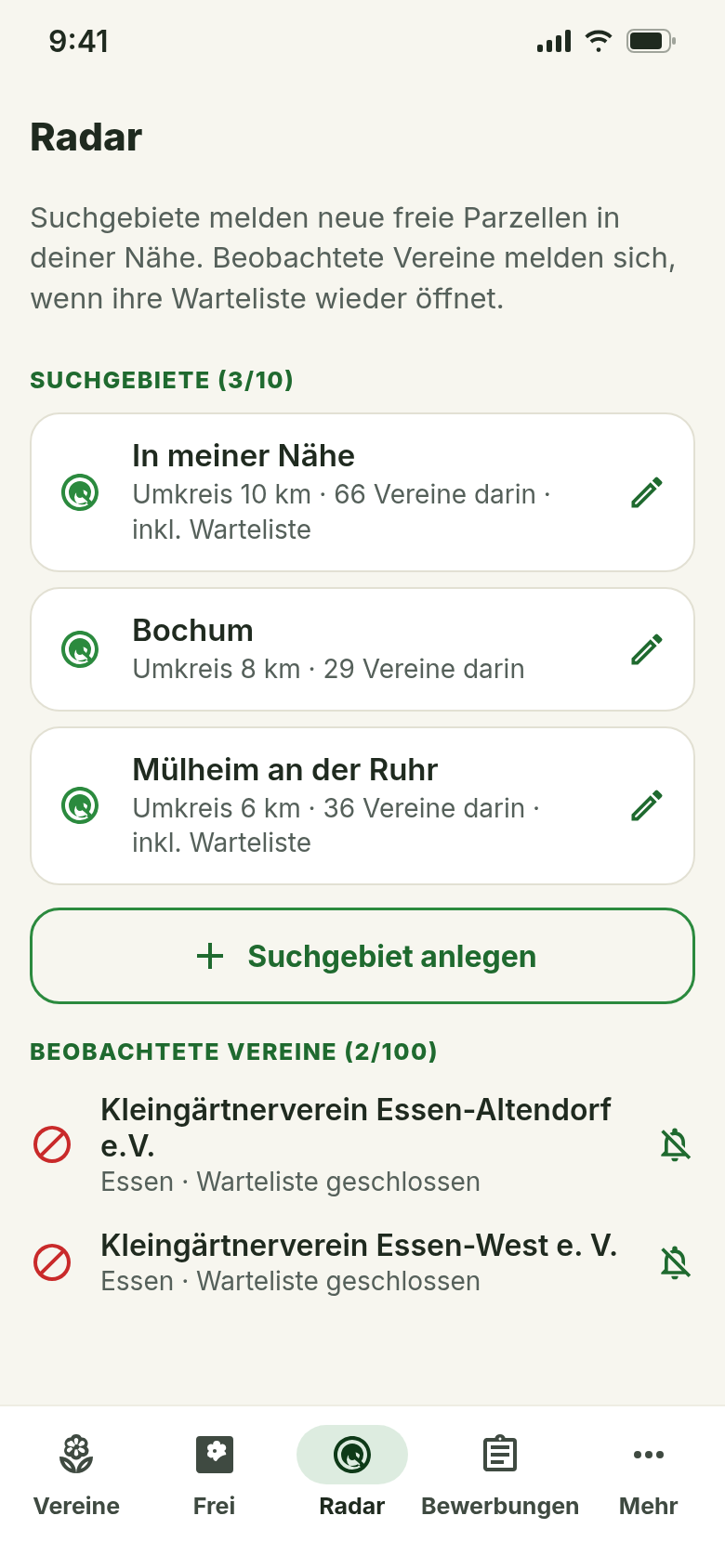 Radar: drei Suchgebiete mit Umkreis und Zahl der Vereine darin, darunter zwei beobachtete Vereine