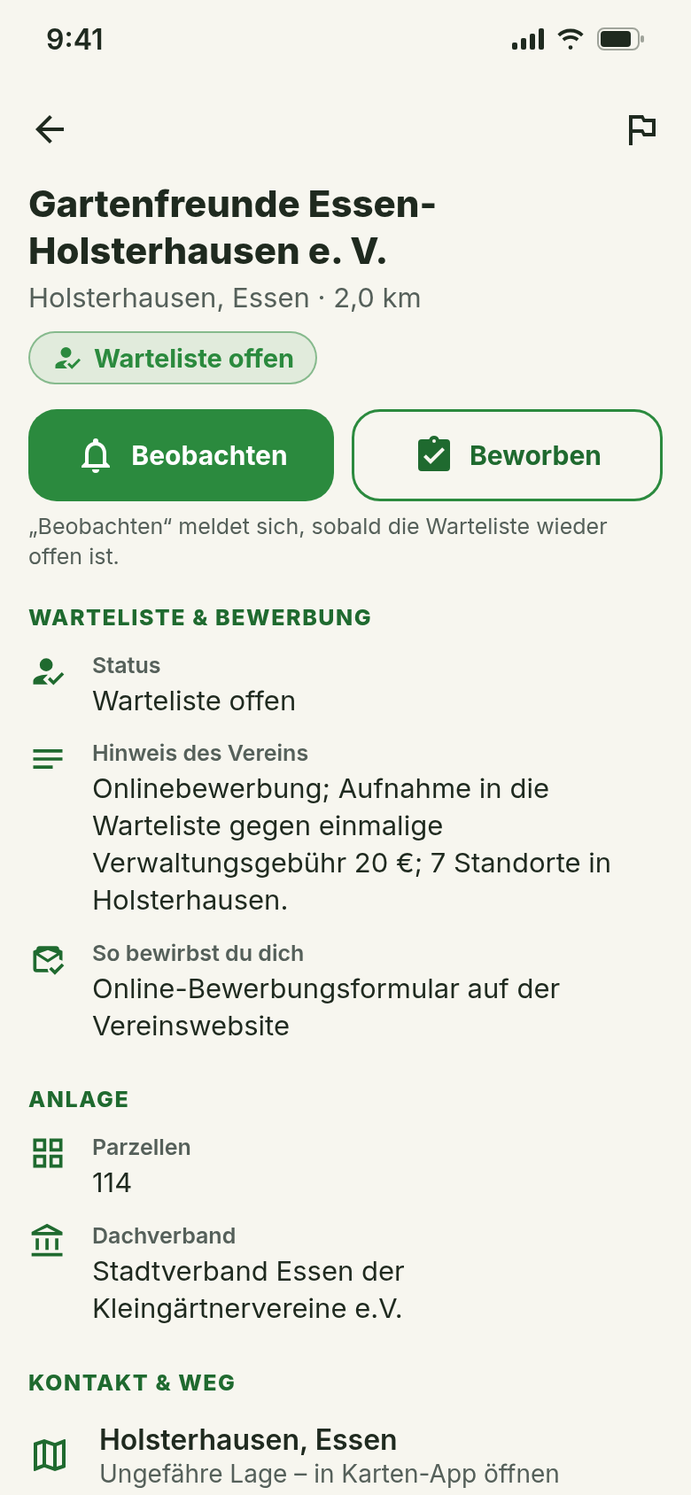 Vereinsseite: Warteliste offen, Hinweis des Vereins, Bewerbungsweg, 114 Parzellen, Dachverband und Kontakt