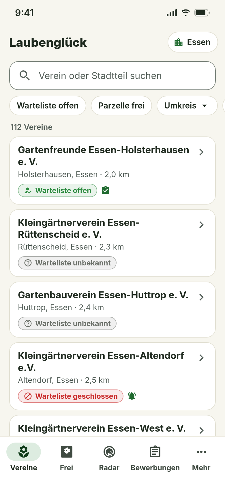 Vereinsliste für Essen: Vereine mit Stadtteil, Entfernung und Wartelisten-Status offen, unbekannt oder geschlossen